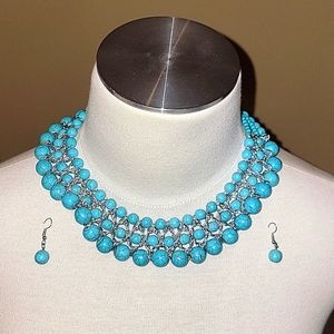 🦋 Turquoise & Silver Choker Adjustable Necklace & Matching Earrings